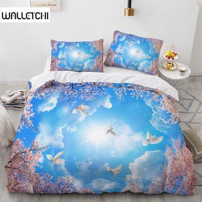 Blue Sky King Queen Duvet Cover Pink Flowers White Flying Bird Bedding Set for Kids Teens Adults 3d Natural Scenery Quilt Cover