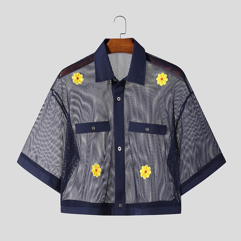 

INCERUN Summer Men Short Sleeve Mesh Flowers Patchwork See Through Cropped Shirts M синий