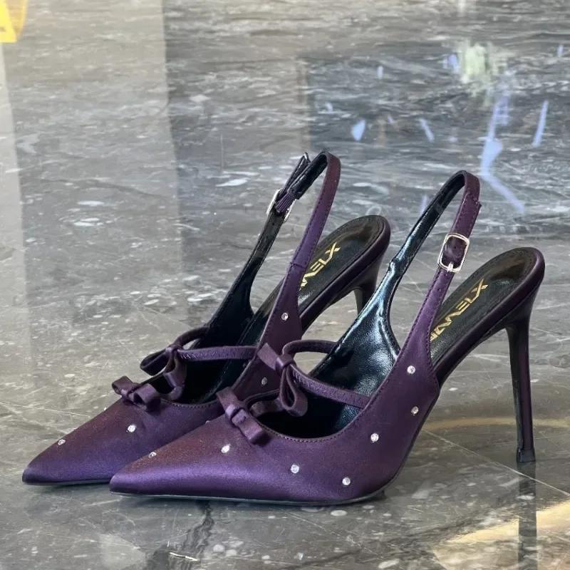 Fashion Elegant Purple Satin Butterfly-knot Pumps Women Luxury Rhinestone Embellished Brand Designer Shoes Fashion Party Dress Shoes