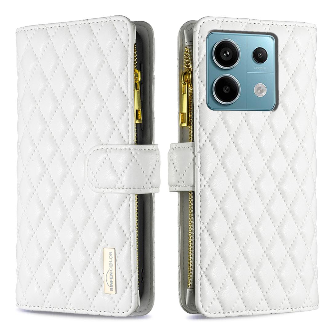 

BINFEN COLOR BF Style-15 For Xiaomi Redmi Note 13 Pro 5G/Poco X6 5G Zipper Pocket Case Leather Rhombus Phone Cover White