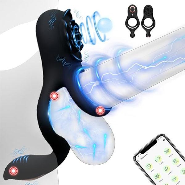 Vibrating Cock Ring for Couples,Penis Ring with 9 Modes Male Vibrator Sex Toy with APP Control Perineum,Nipple,Rose Clitorals Stimulator