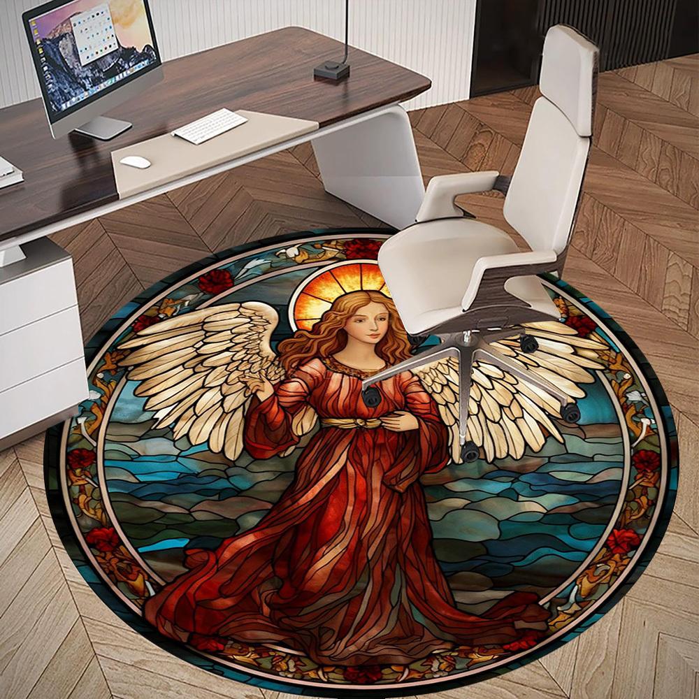 1pc Angel Stained Glass Round Chair mat office Area Rug - Non-Slip, Floor Mat for Office, Bedroom, Ideal home decor gift c0112025