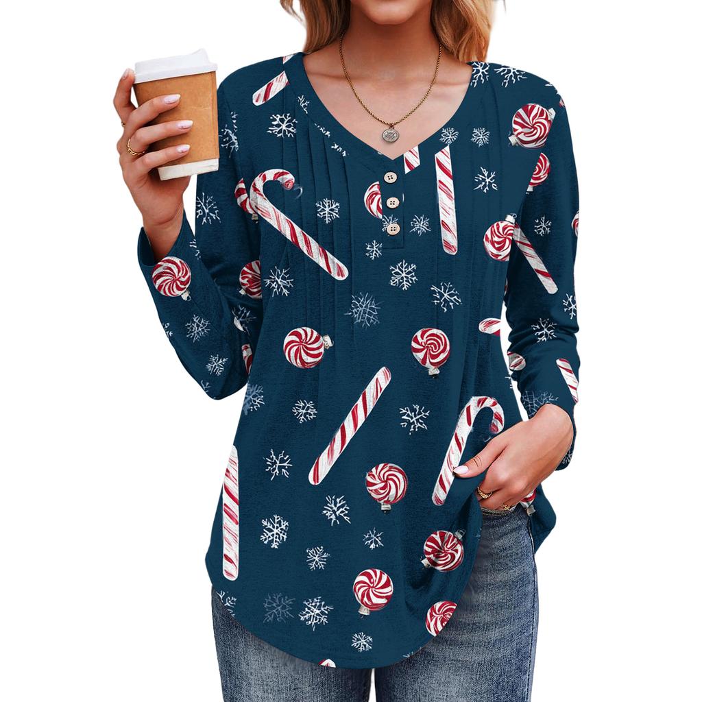 Women's Fashion Casual Christmas Tree Print V-Neck Decorative Button Long Sleeve T-Shirt Top