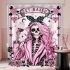Funny Skull Skeleton Shower Curtain Halloween Pink Girl Gothic Spooky Black Flower Rose Floral Red Wine Unique Scary Women