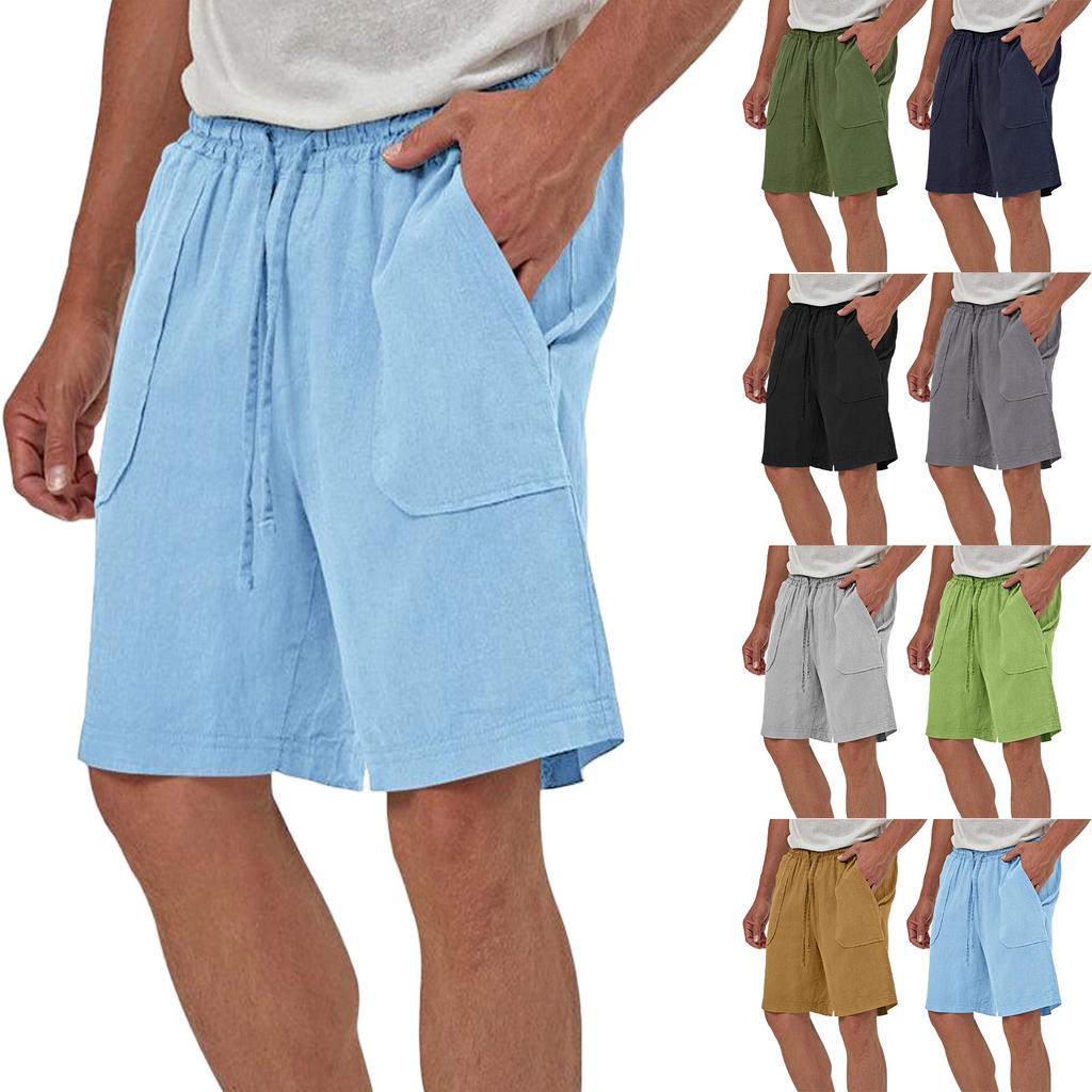 Mens Summer Linen Casual Shorts Loose Fit Lightweight Breathable Beach Shorts with Drawstring Waistband Pockets for Daily Wear
