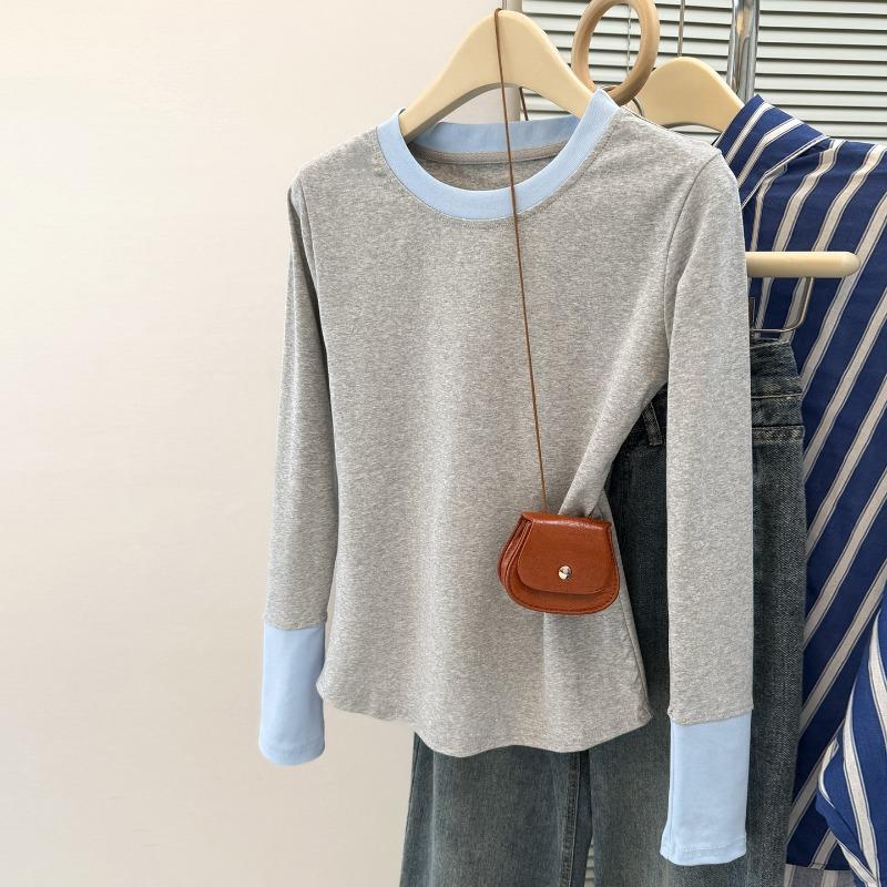 

Реальный снимок, сращенная футболка с длинным рукавом, имитация двух частей, женский облегающий топ с круглым вырезом в цветовой гамме 2XL серый