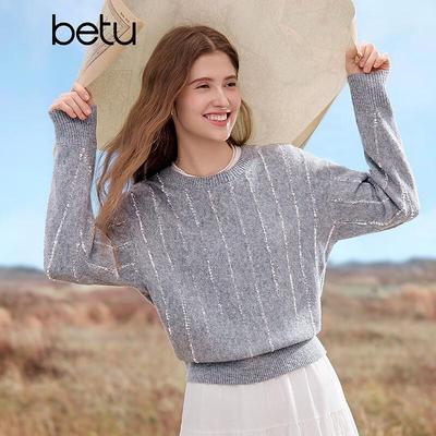 Betu Women's Fall Mixed Yarn Knit Round Neck Sweater