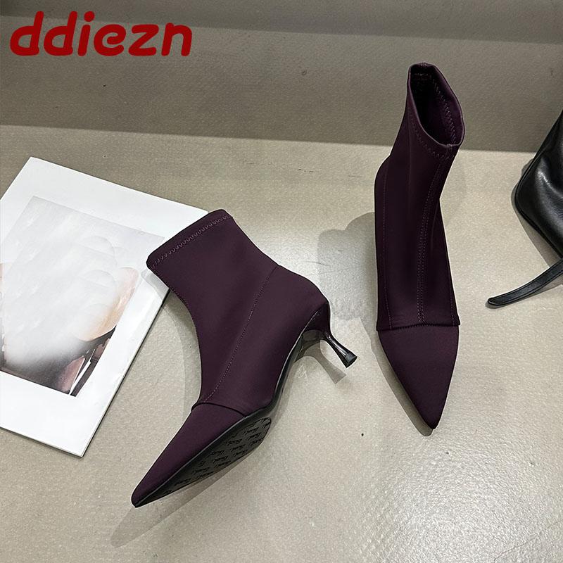 Fashion Fashion Elastic Footwear Heels Ankle Boots Shoes For Women Female Pointed Toe Ladies Short Stretch Boots Slip On Shoes
