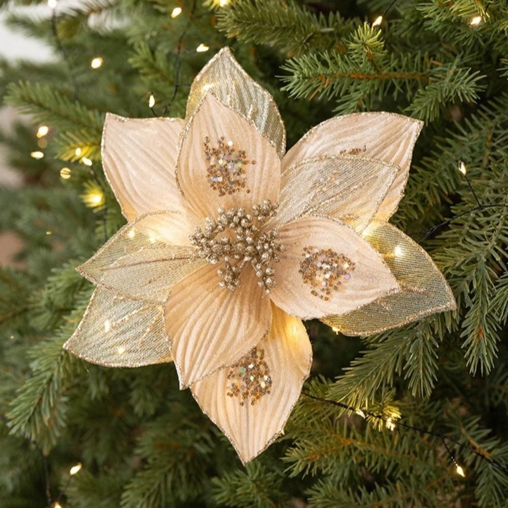 Realistic Glitter Christmas Poinsettia Velvet Christmas Tree Ornaments  Home Decor
