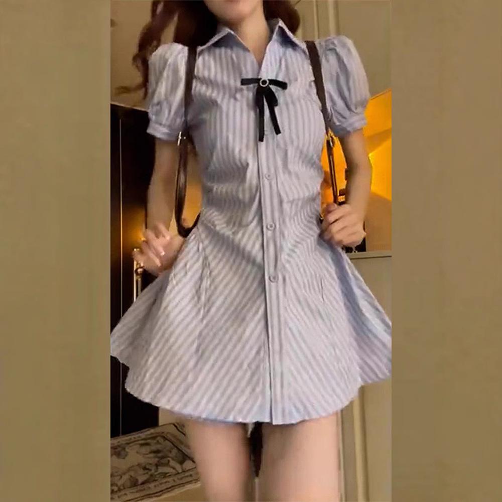 College striped blue dress women's summer small waist slim short skirt polo collar shirt skirt set