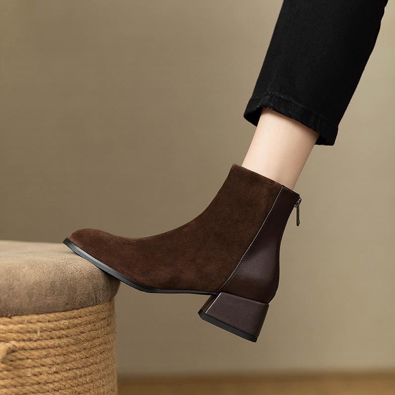 Vintage Chelsea Boots Women's Suede 2025 New Thick Heel Small Short Boots Rear Zipper Matte Splicing Single Boots