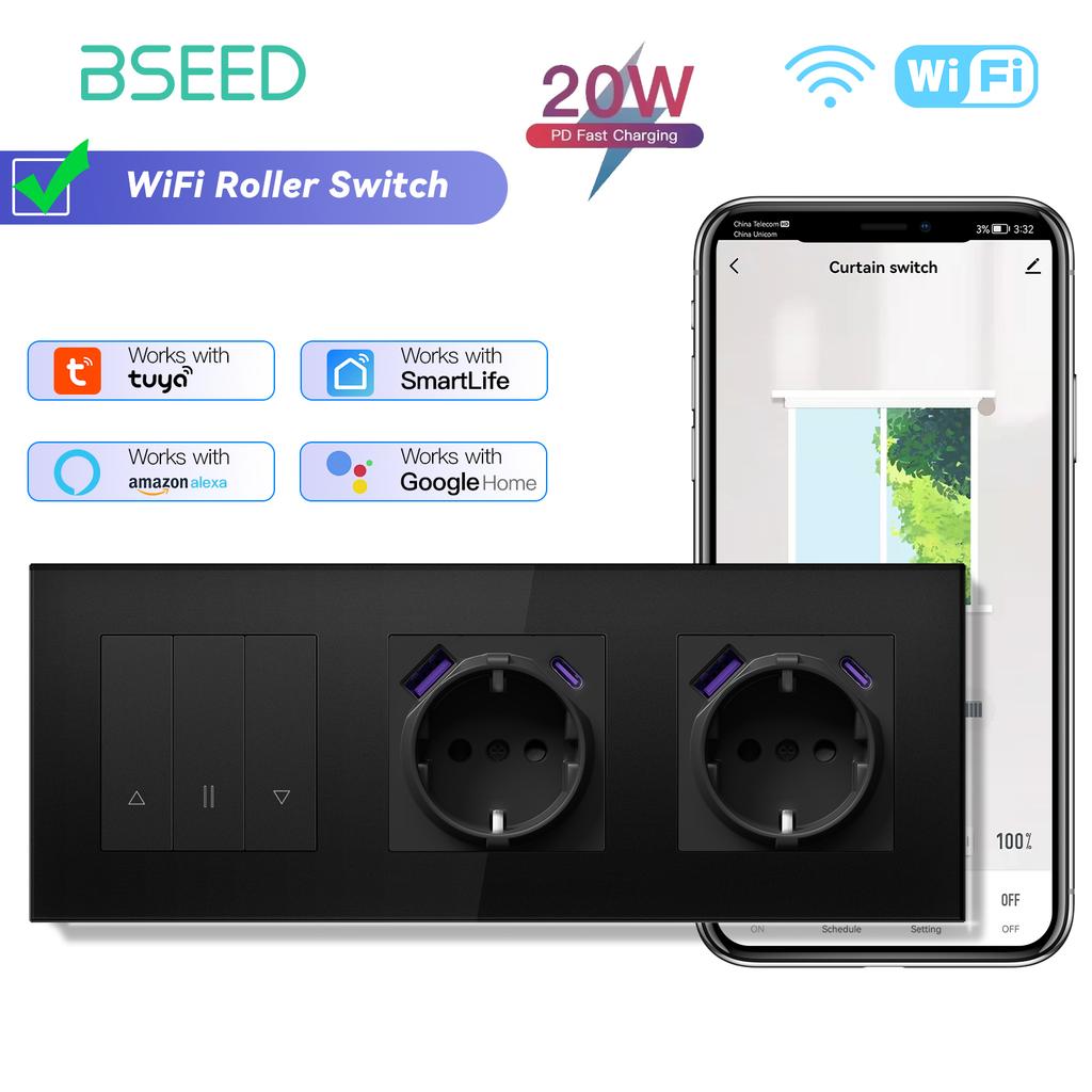 Comutatoare Smart BSEED Wifi pentru Jaluzele Luminoase Controller Jaluzele Suport Aplicație Smart Tuya Plus Prize Electrice Normale UE Panouri de Sticlă USBC