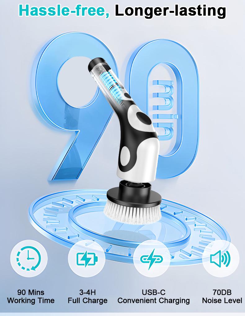 Multifunctional Wireless Electric Cleaning Brush with Digital Display, Voice Prompts, Long Handle, and IPX6 Waterproof.