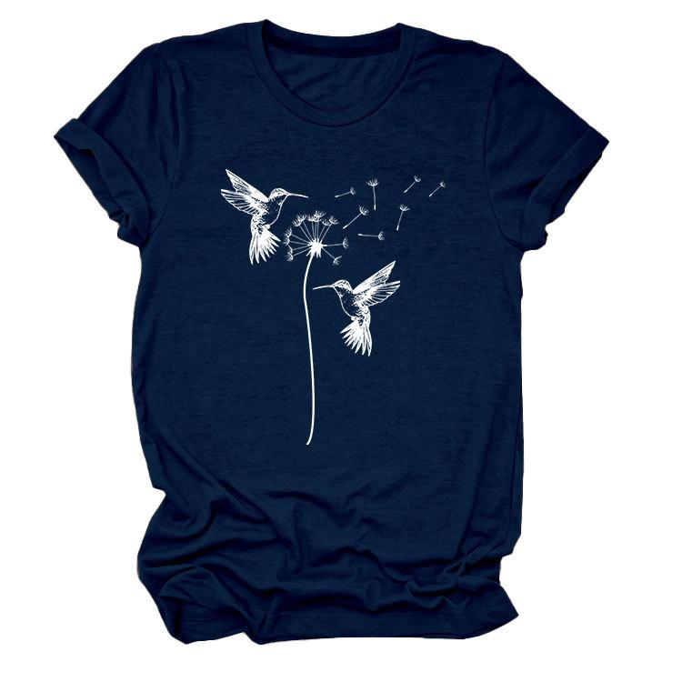 Sommer Rundhals Zwei Vogelmuster Druck Top Modische Lässige Kurzarm Damen T-Shirts
