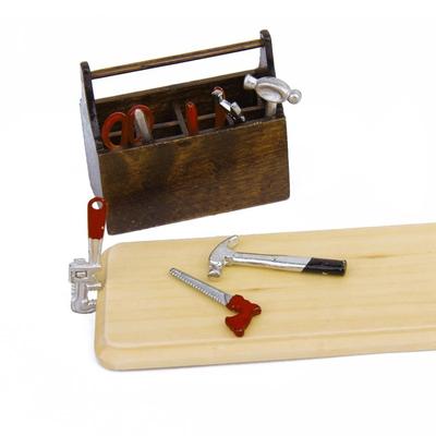 Caixa de madeira em miniatura para casa de bonecas 1/12 com conjunto de ferramentas de metal