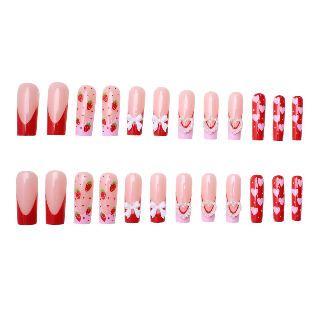 Pink Heart Strawberry Design Press On Nails 24Pcs French Style Lightweight Comfortable Wear For Woman