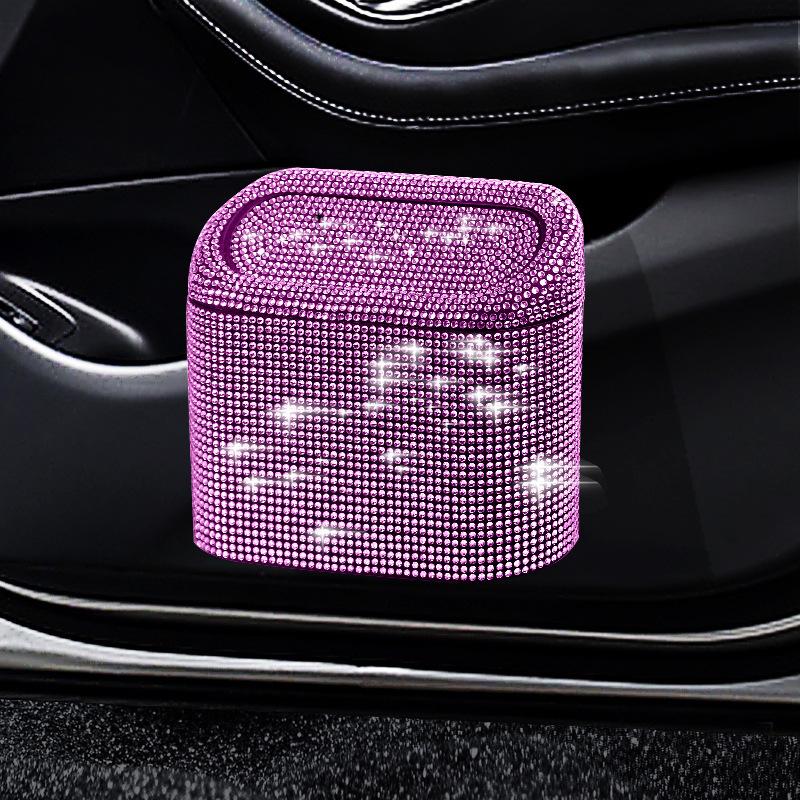 Rhinestone Car Trash Can - Flip-Top Hanging Interior Storage Bin