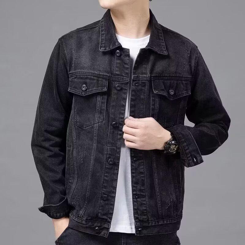Trendy Men's Slim Fit Black Denim Jacket for Spring/Autumn - Youth Student Fashion