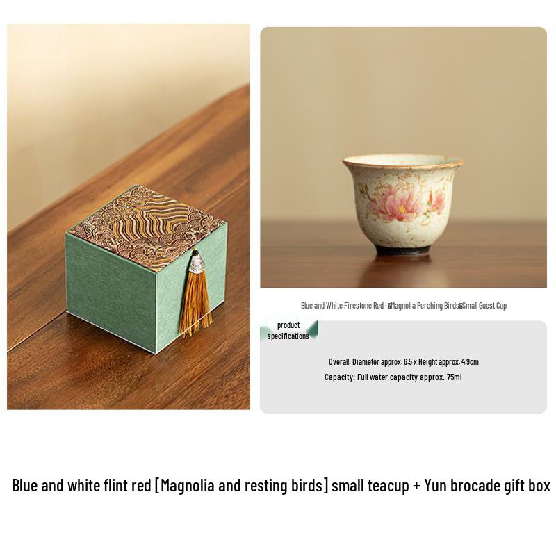 Chinese Style Blue & White Tea Cup with Red Magnolia Bird Design - Small, Anti-Scald Ceramic for Home Use