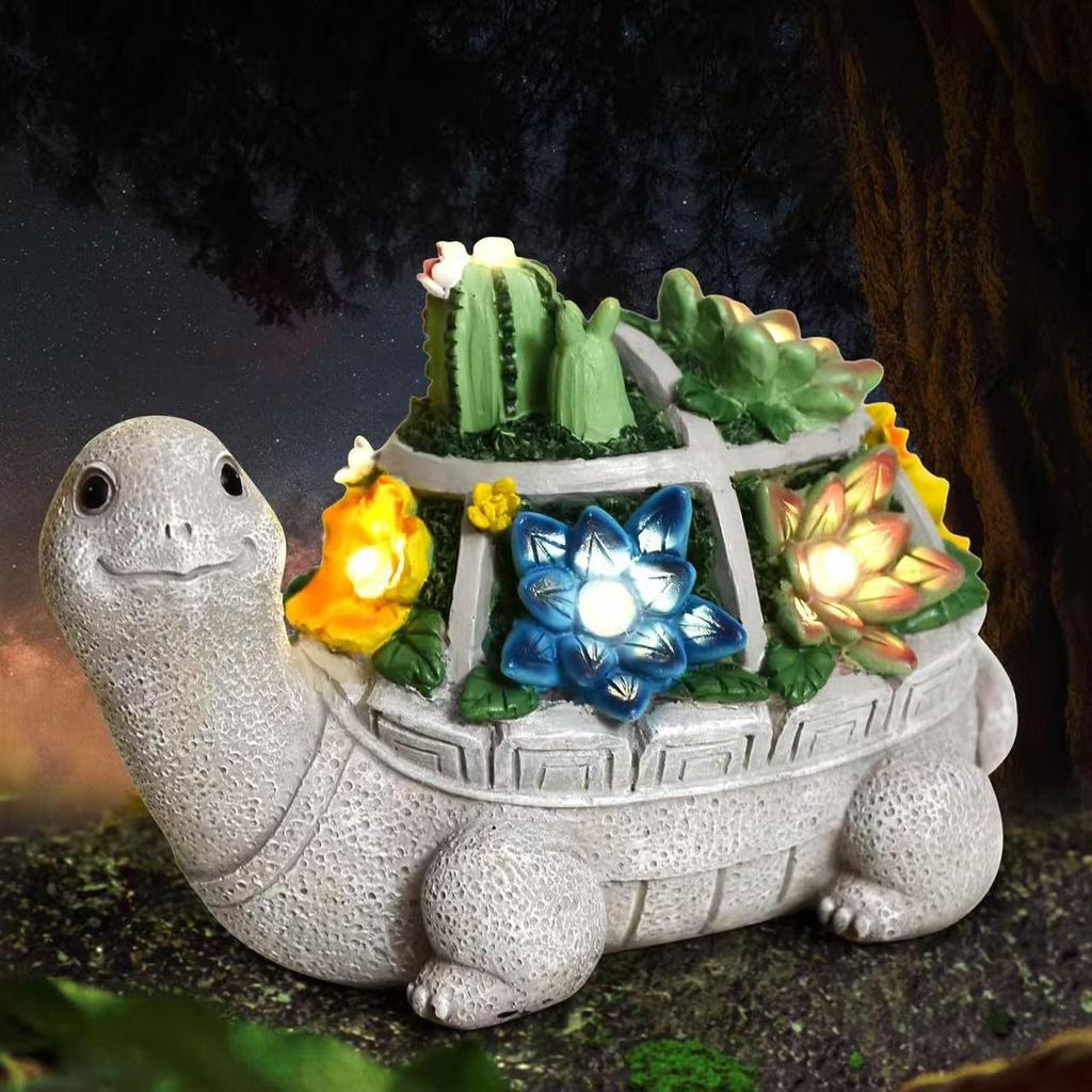 Solarbetriebene Outdoor-Schildkröten-Harzstatue mit Sukkulenten-Figur und dekorativem Licht