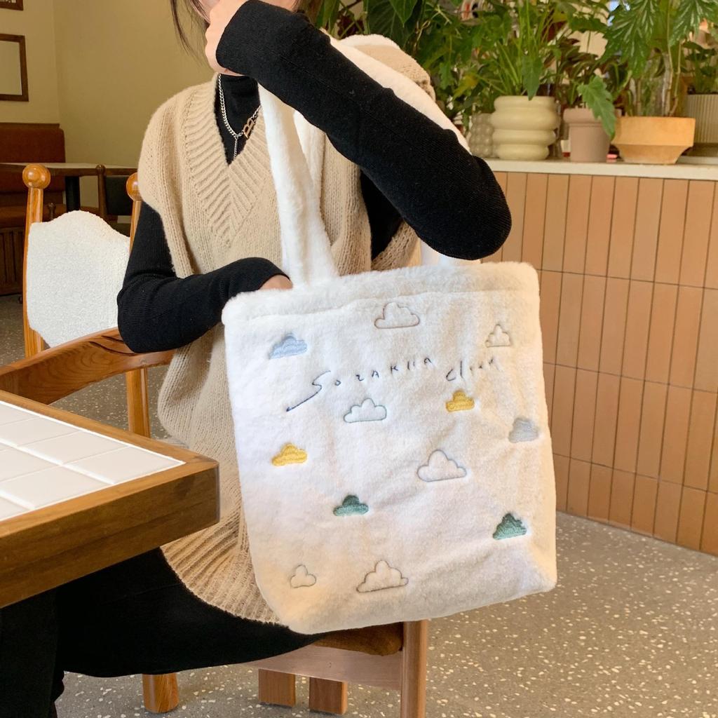 Women Plush Embroidery Small Cloud Cute Large Capacity Shoulder Bag