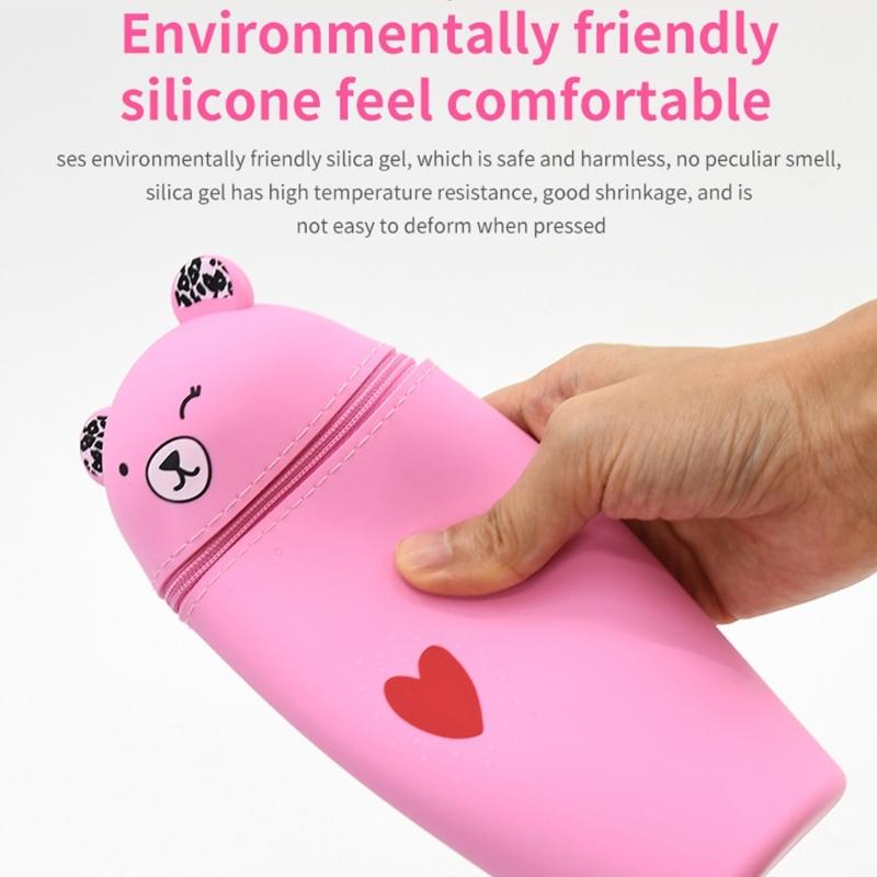 Cartoon Bear Pen Bag Large Compartment Zippered Silicone Pencil Case Standing Up Pen Holder Pencil Bag Gift for Student