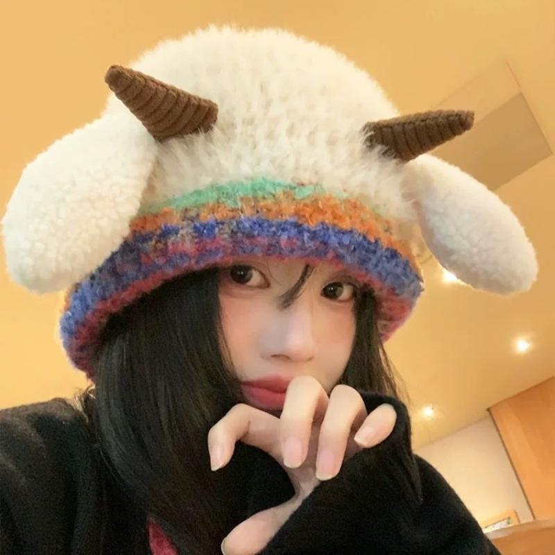 Cute Korean Double-Layer Thick Version Lamb Ears Knitted Ear Protection Loose Big Head Circumference Warm Cold Proof Plush Hat