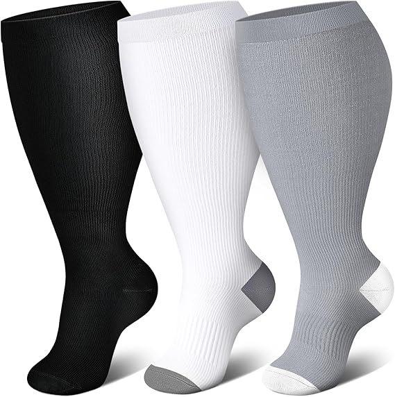 Three-Pair Pack Plus Size Knee-High Compression Socks for Wide Calf - Extra Large Support & Circulation Pressure Socks