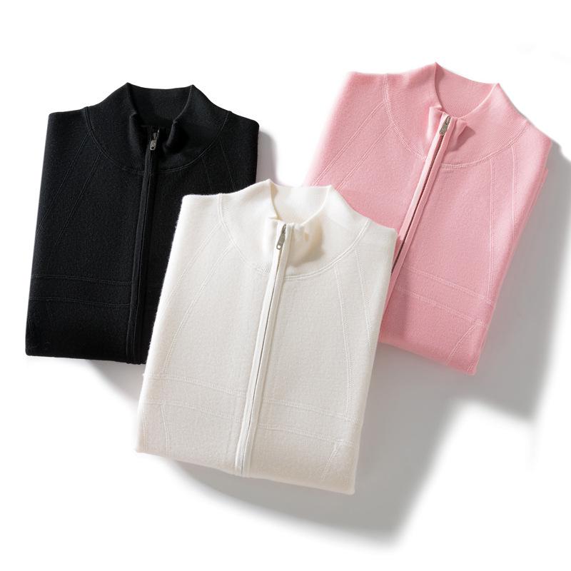 Women's Slim-Fit Pure Wool Cardigan - Half-High Collar Zipper Knitwear for Autumn/Winter