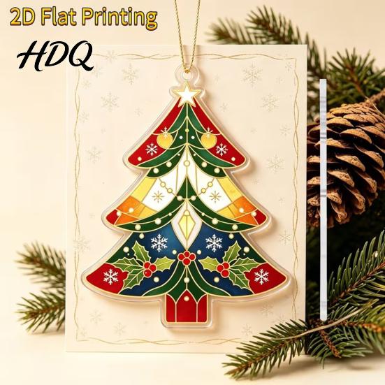 Artistic Window Flat Acrylic Display Accessory 2D Ornament Vintage Christmas Tree Stained Xmas Decoration Glass