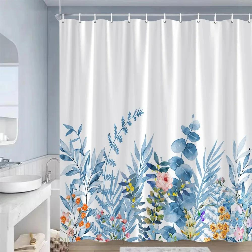 Blue Leaf Watercolor Plant Shower Curtain Modern Minimalist Home Bathroom Decorative Fabric Shower Curtain with Hook