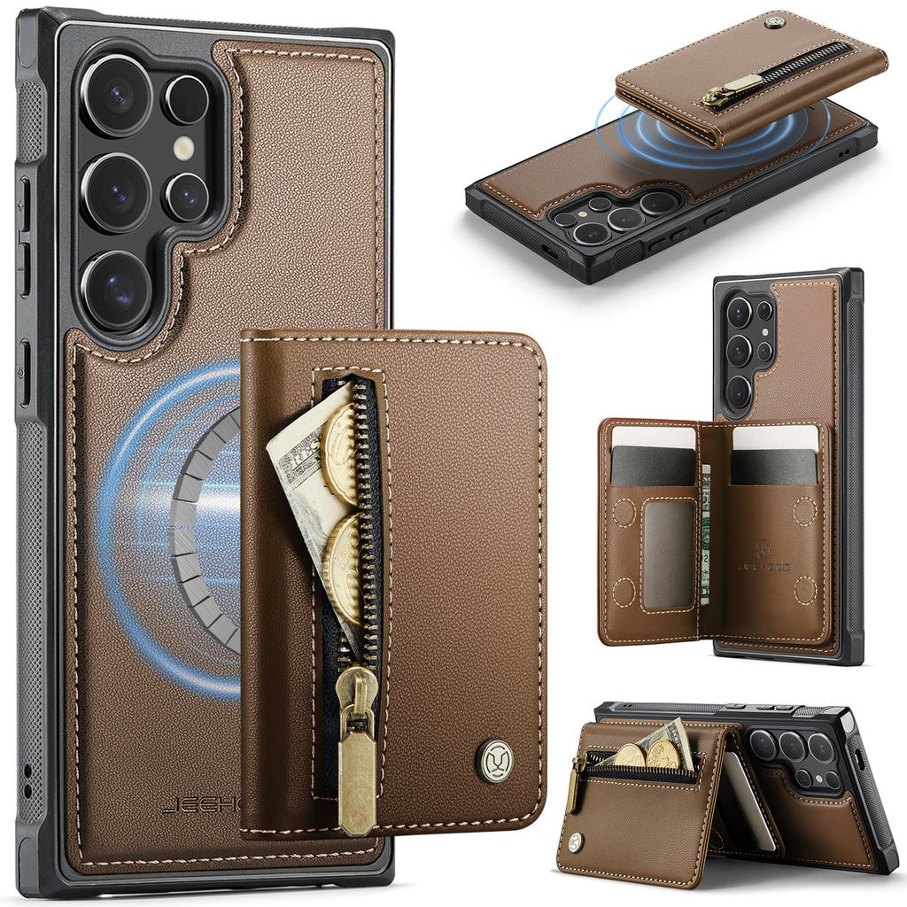 For Samsung Galaxy S26 Ultra Case JEEHOOD J12 Magnetic Detachable Zipper Wallet Kickstand Leather Back Cover Compatible with MagSafe