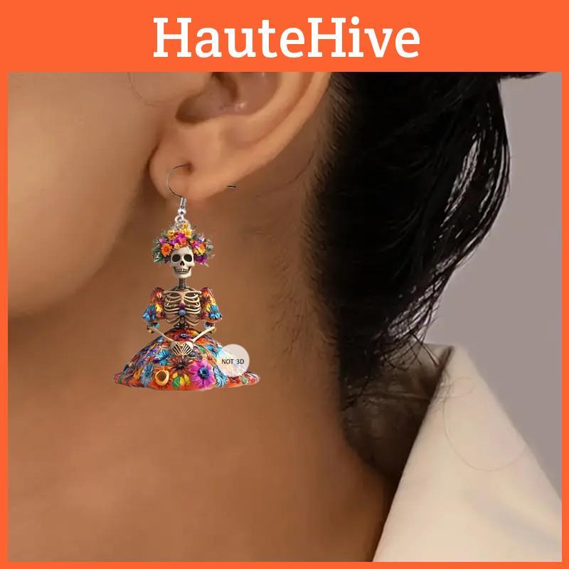 Halloween Flower And Skull Pattern Women Earrings For Womens Fashion Statement