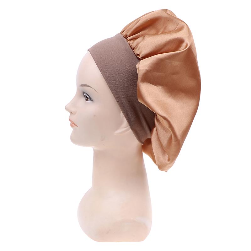58Cm Solid Color Women Satin Bonnet Cap Night Sleep Hat Adjust Shower Caps