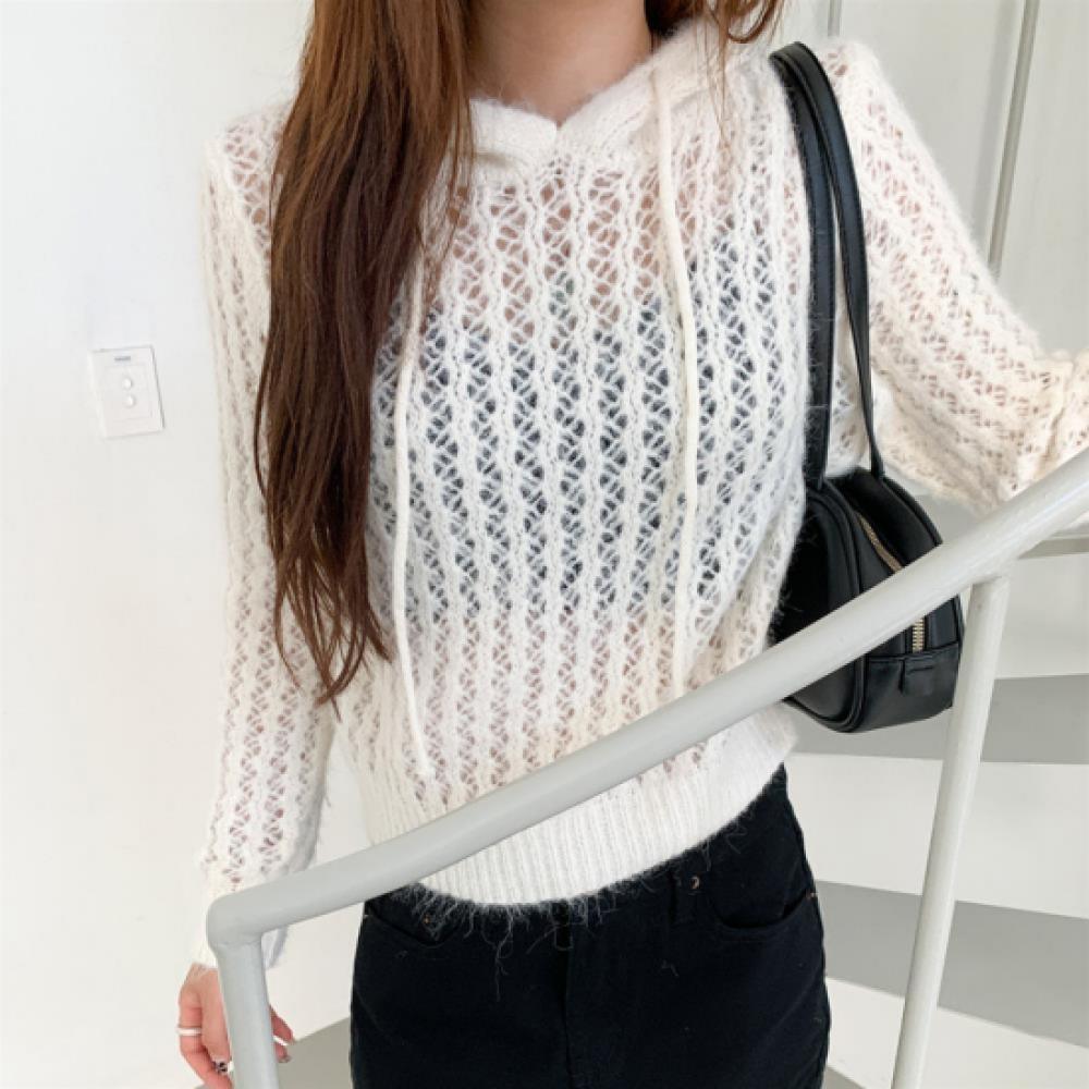 New Arrivals Open Run Women Sheer Hoodie Knit Sweater
