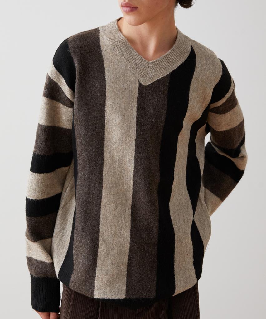TRIP LE SENS Lambswool Multi-Stripe V-Neck Knit_Gray