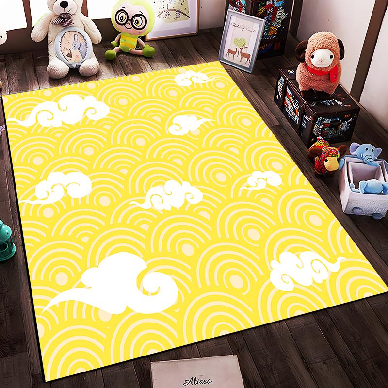 White Clouds on Yellow Wave Pattern Rug Non-slip rug suitable for living room and bedroom sofas