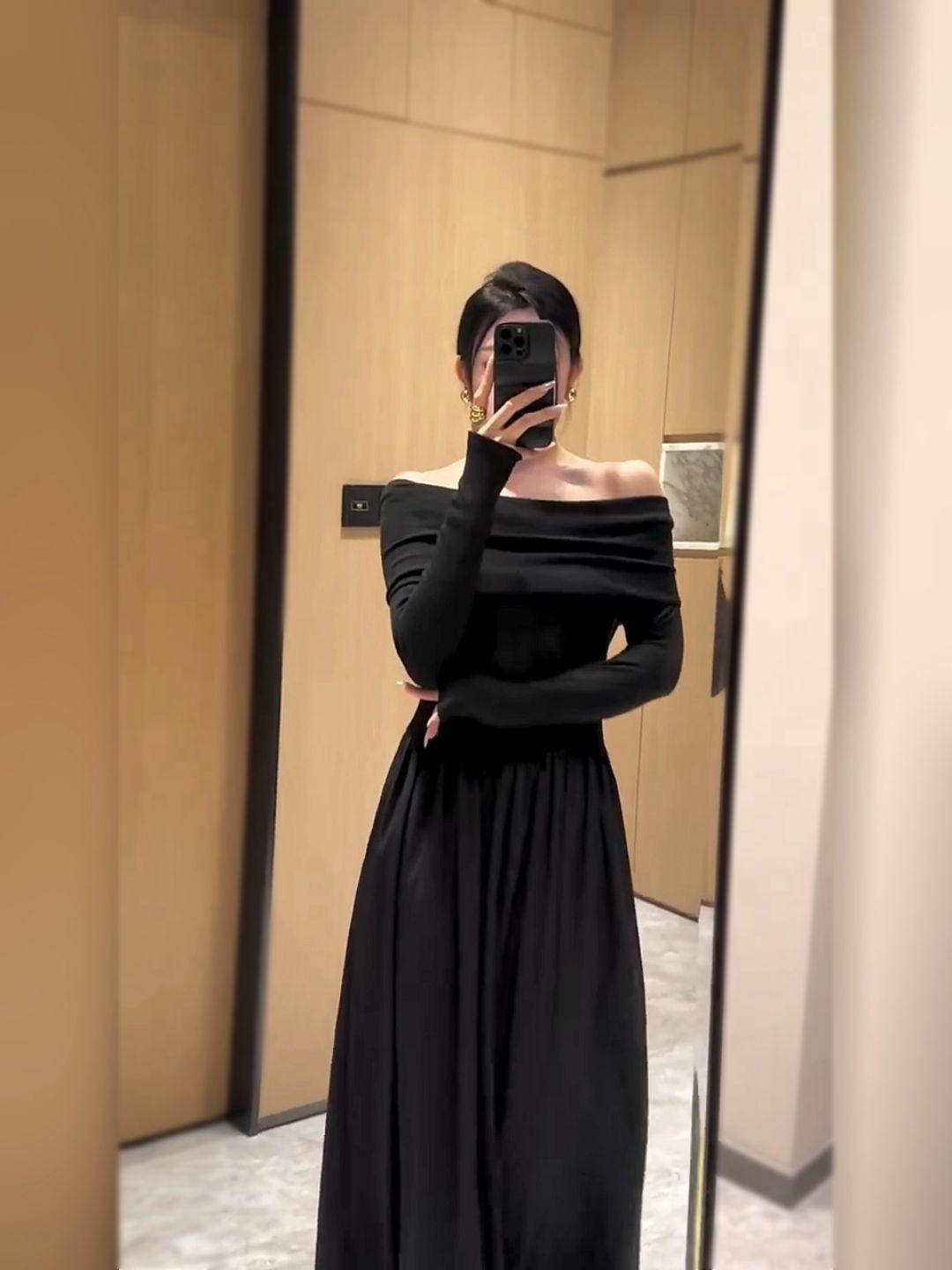 

Celebrity fashion temperament lazy Internet celebrity one word shoulder long sleeves high waist splicing A word swinging foreign style dress fried XL чорний