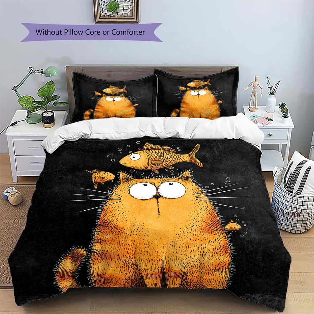 Cat and Fish Pattern Bedding Quilt Set Home Decoration Gift (1 * duvet cover + 2 * pillowcase without core)