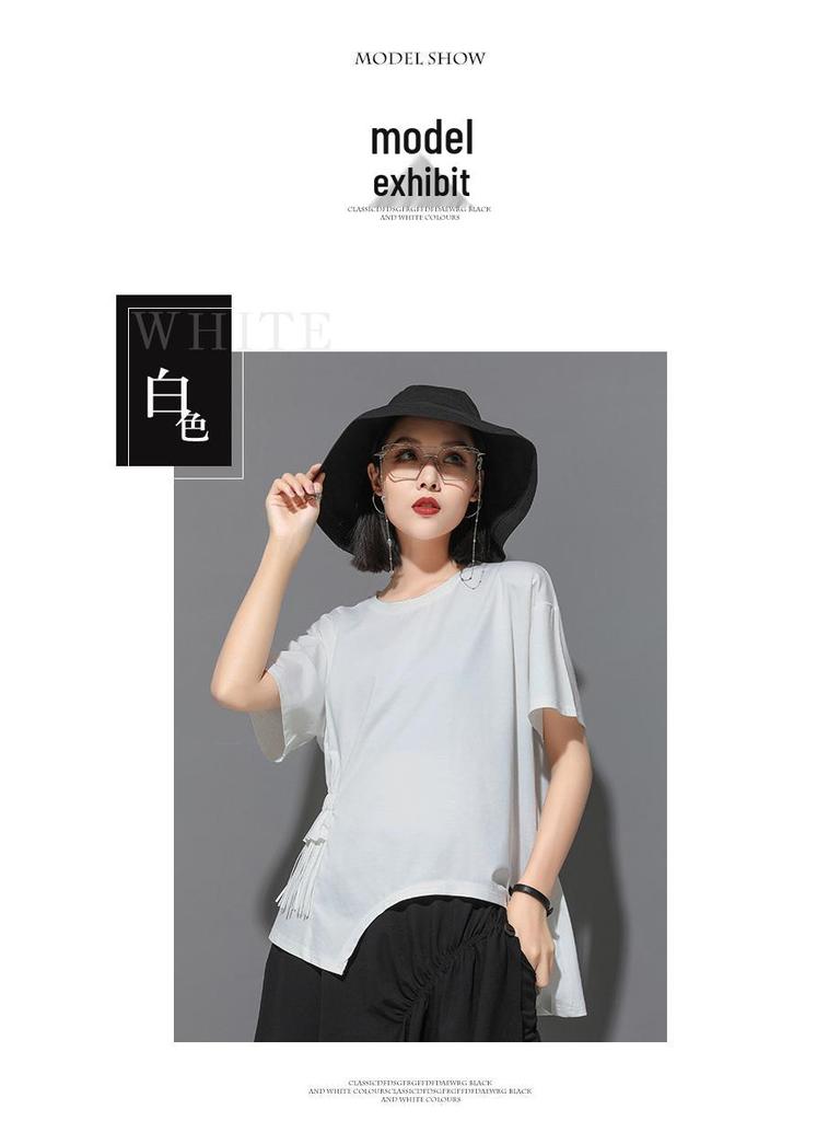 European & American Summer Women's Lace Tassel T-Shirt: Short-Sleeved, High-Street, Ins-Style, Cold Splicing, Irregular Design.