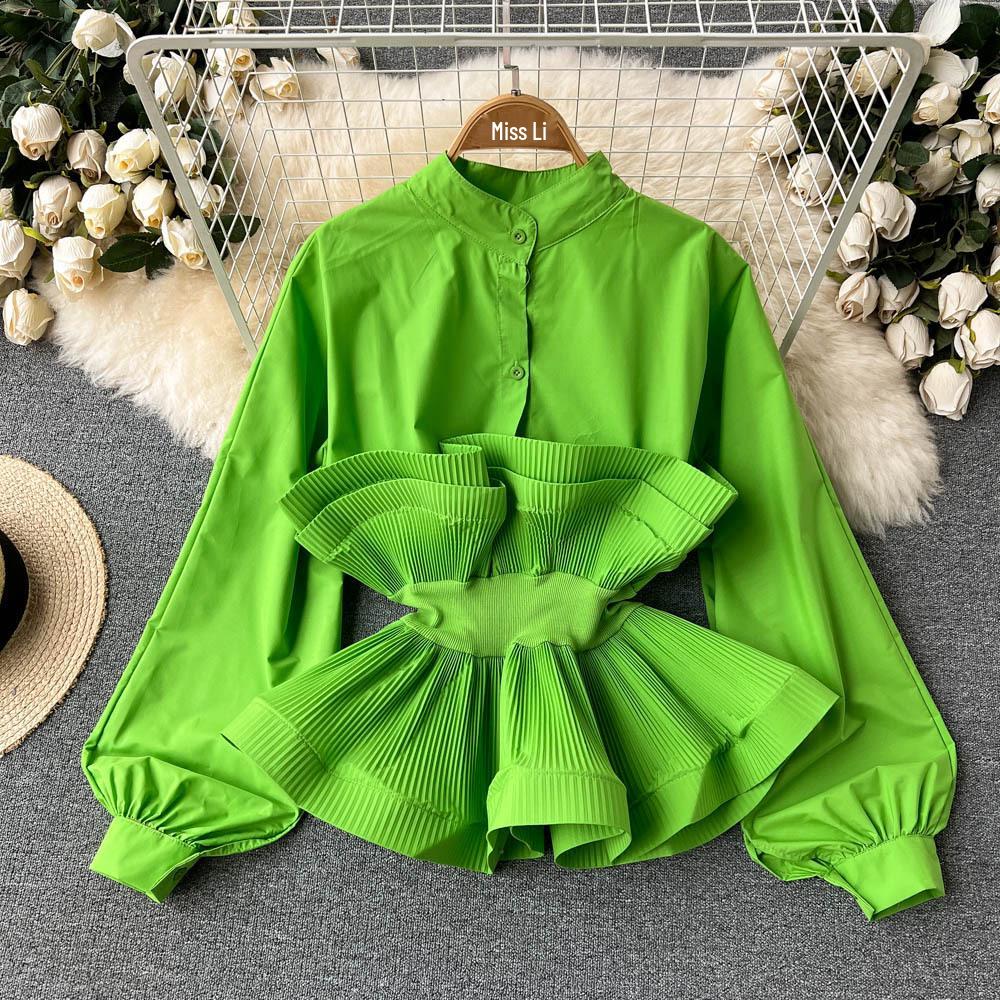 Women's Long Sleeve Ruffle Pleat Top - Slimming, Versatile, and Stylish for Spring