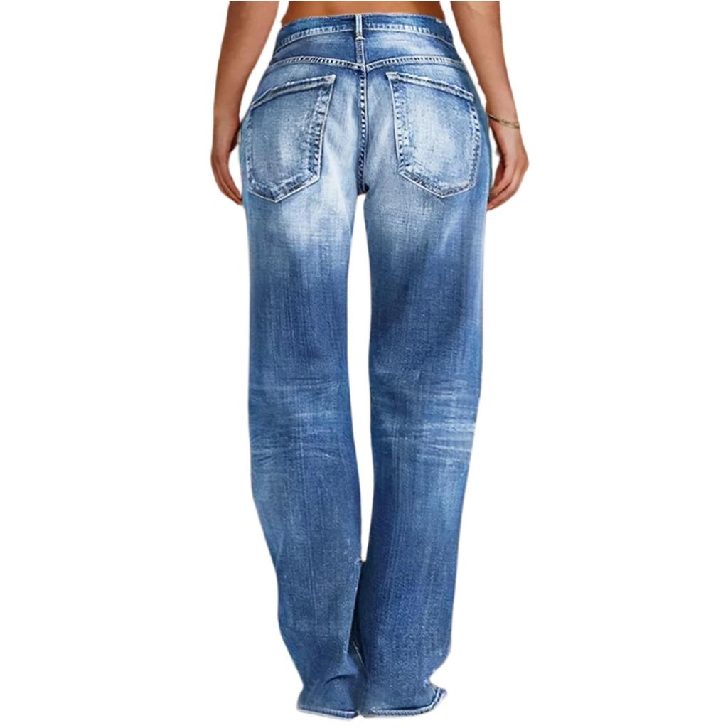 Women's High Waist Straight Loose Lace Stretch Lightweight Fashion Jeans