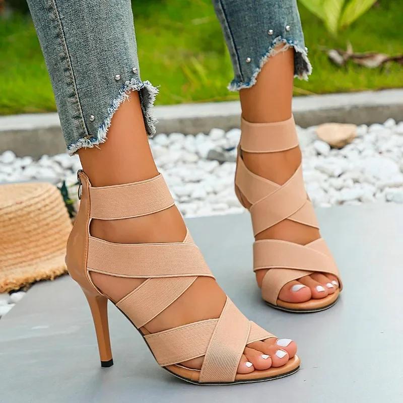 Fashion 2024 High Quality Women's Shoes Back Zip Women's Sandals Fashion Cover Heel Office and Career New Solid Peep Toe Heeled Sandals