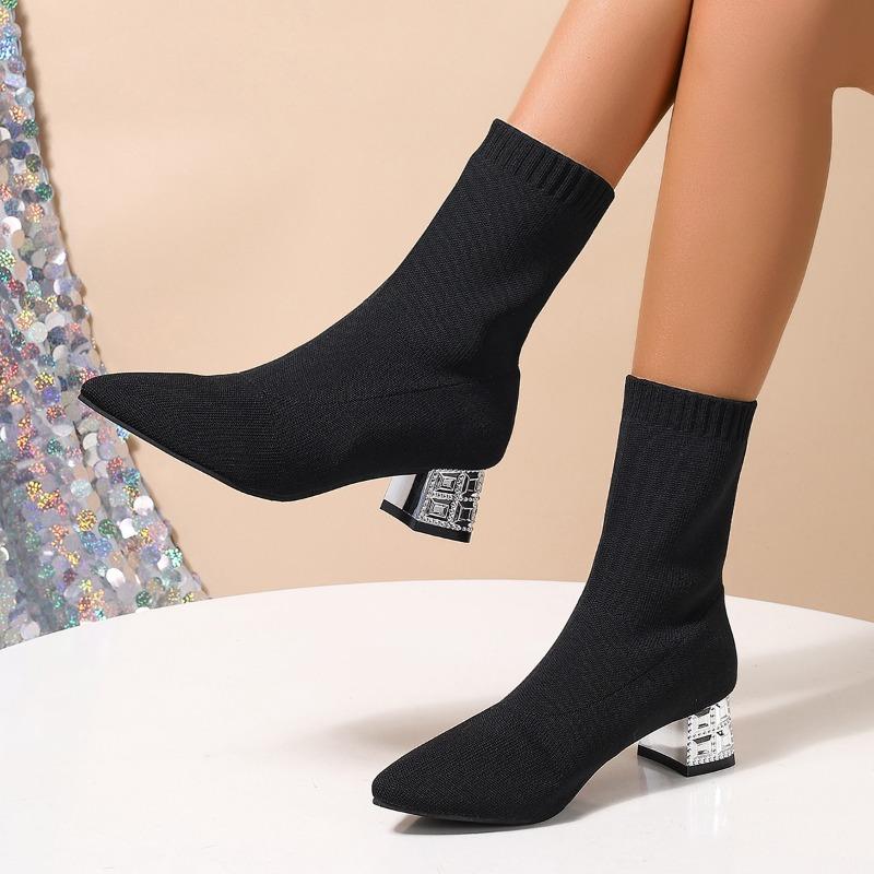 Stretchy Socks Boots Temperament Pointed Toe Knit Breathable Non-Slip Sleeve Rhinestone Heeled Booties