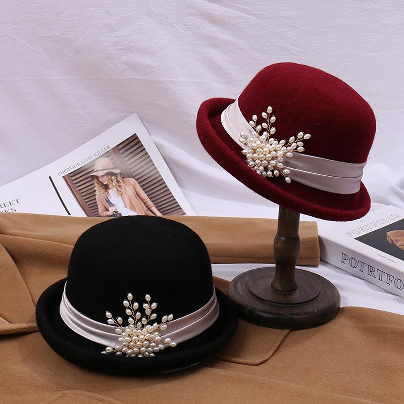 Autumn and winter fashionable and elegant all-match woolen basin hat, crimped dome top hat, women's new French retro wool top hat