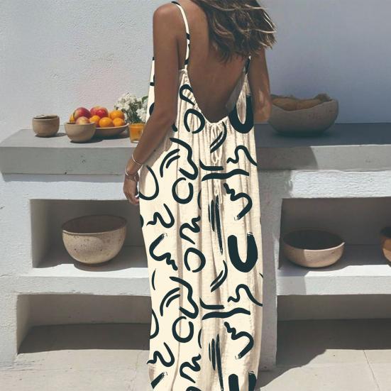 Women Long Slip Dress Breathable Summer Floral Print Casual Sleeveless Dress Spaghetti Strap Loose Swing Hem Ankle Length Beach Dress
