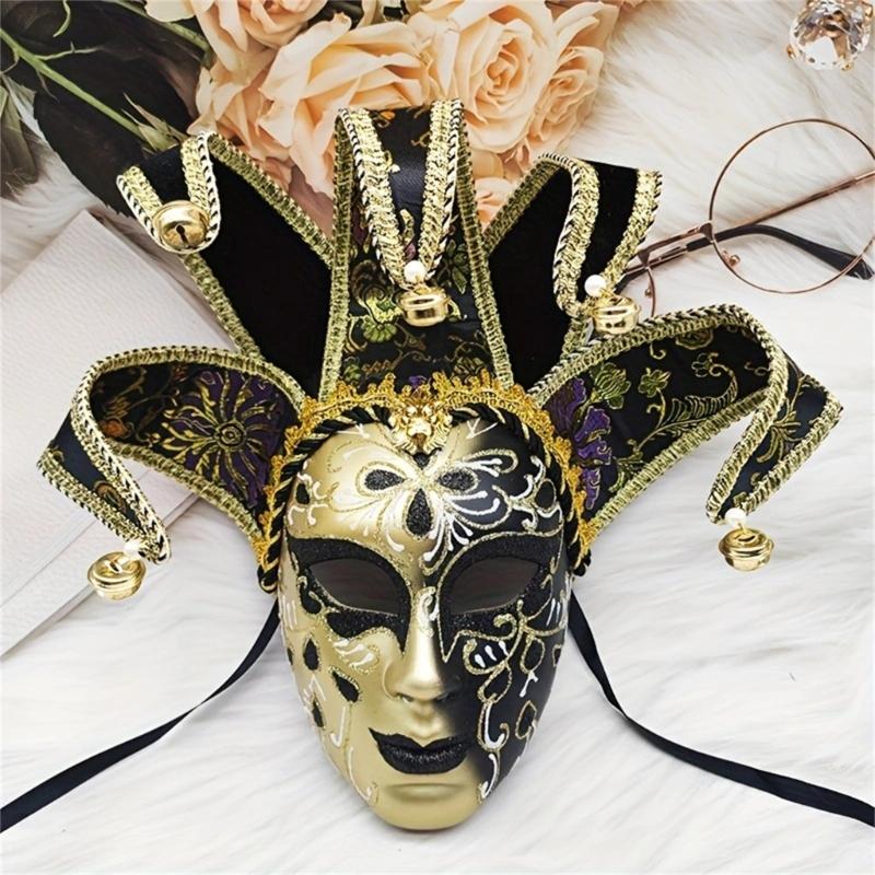 Masked Ball Mask With Bells Vintage Jester Mask Comedy Mask for Men Women Masked Ball Proms Halloween Cosplay Parties