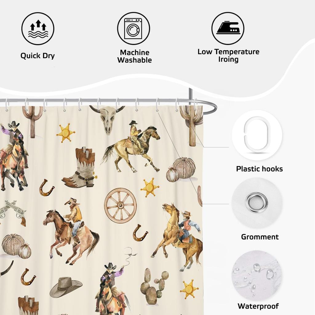 Western Cowboy Horse Shower Curtain 70X70 Inches Country Ranch Style With Cactus And Boot Pattern