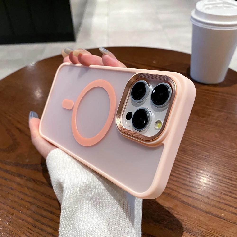 Matte Shockproof Magnetic Phone Case For iPhone 15 14 13 12 11 Pro Max Plus For Magsafe Wireless Charge Metal Camera Ring Cover