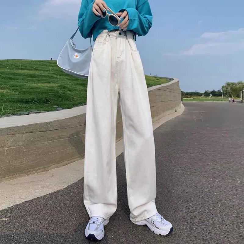 

Белые джинсы с высокой посадкой женские осенние тонкие новые свободные прямые брюки-швабры с широкими штанинами 2XL белый